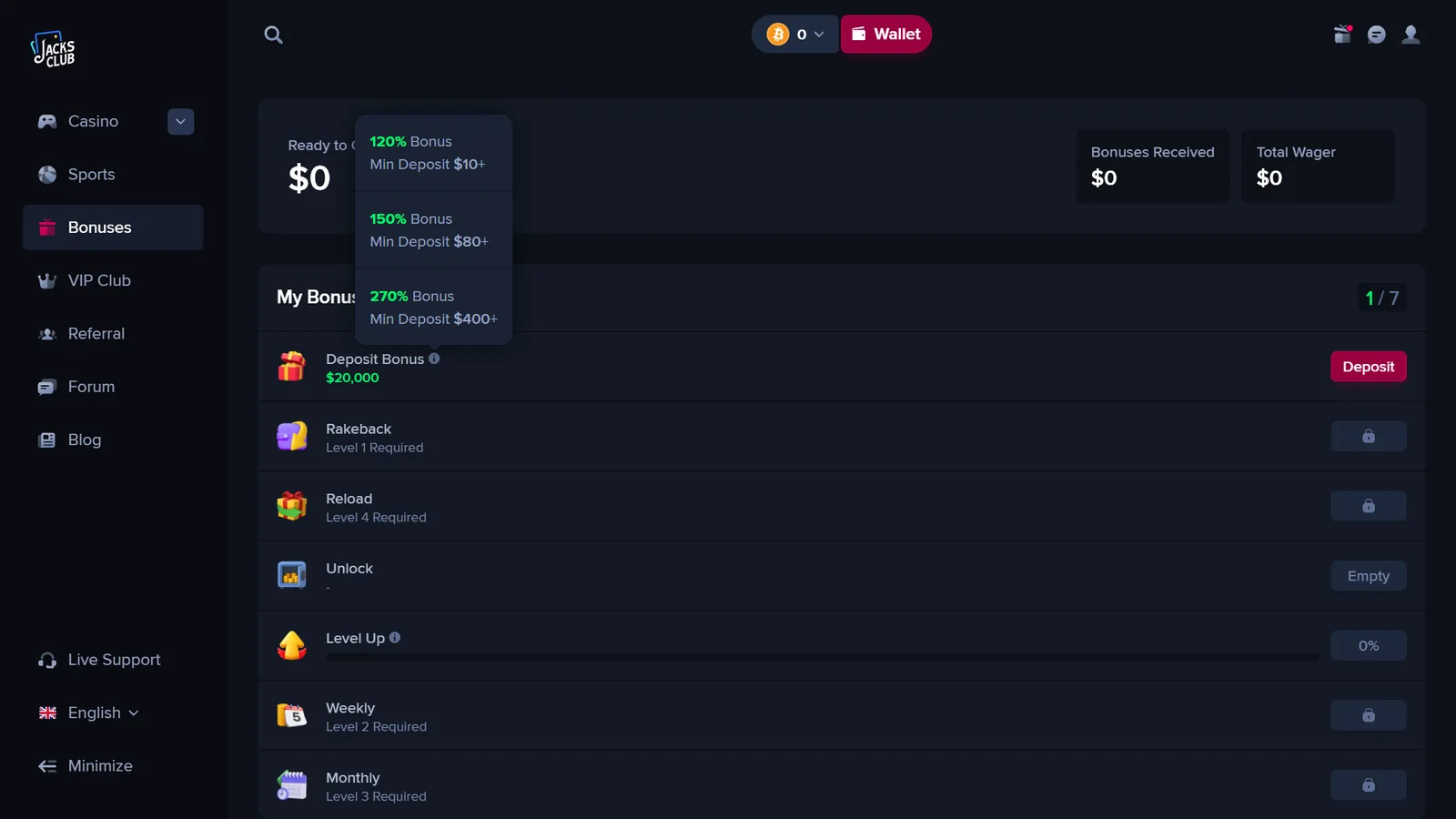 JacksClub bonus dashboard with reward options and account activity