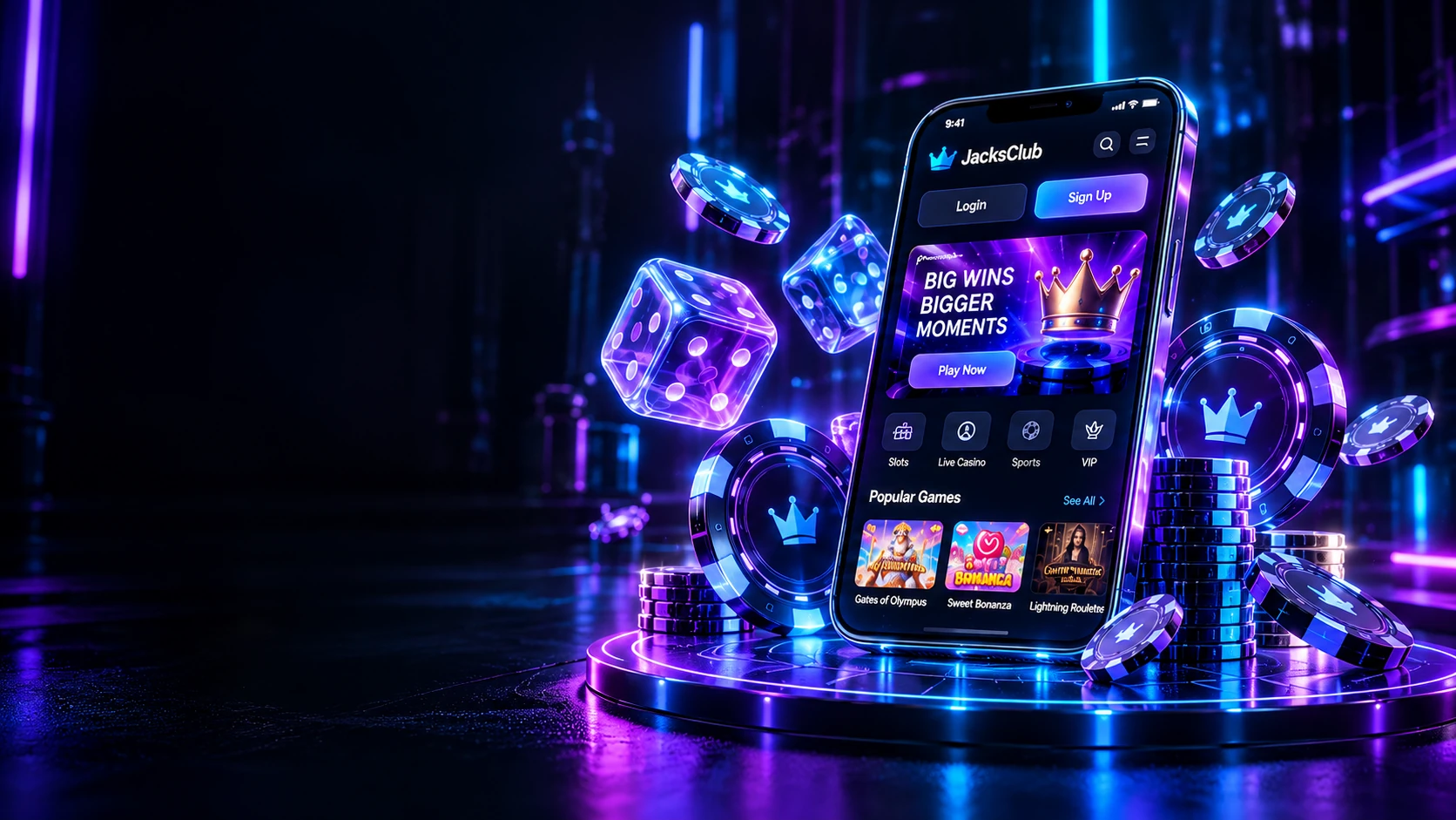 3D illustration of a casino-themed smartphone, chips and dice in purple-blue neon lighting