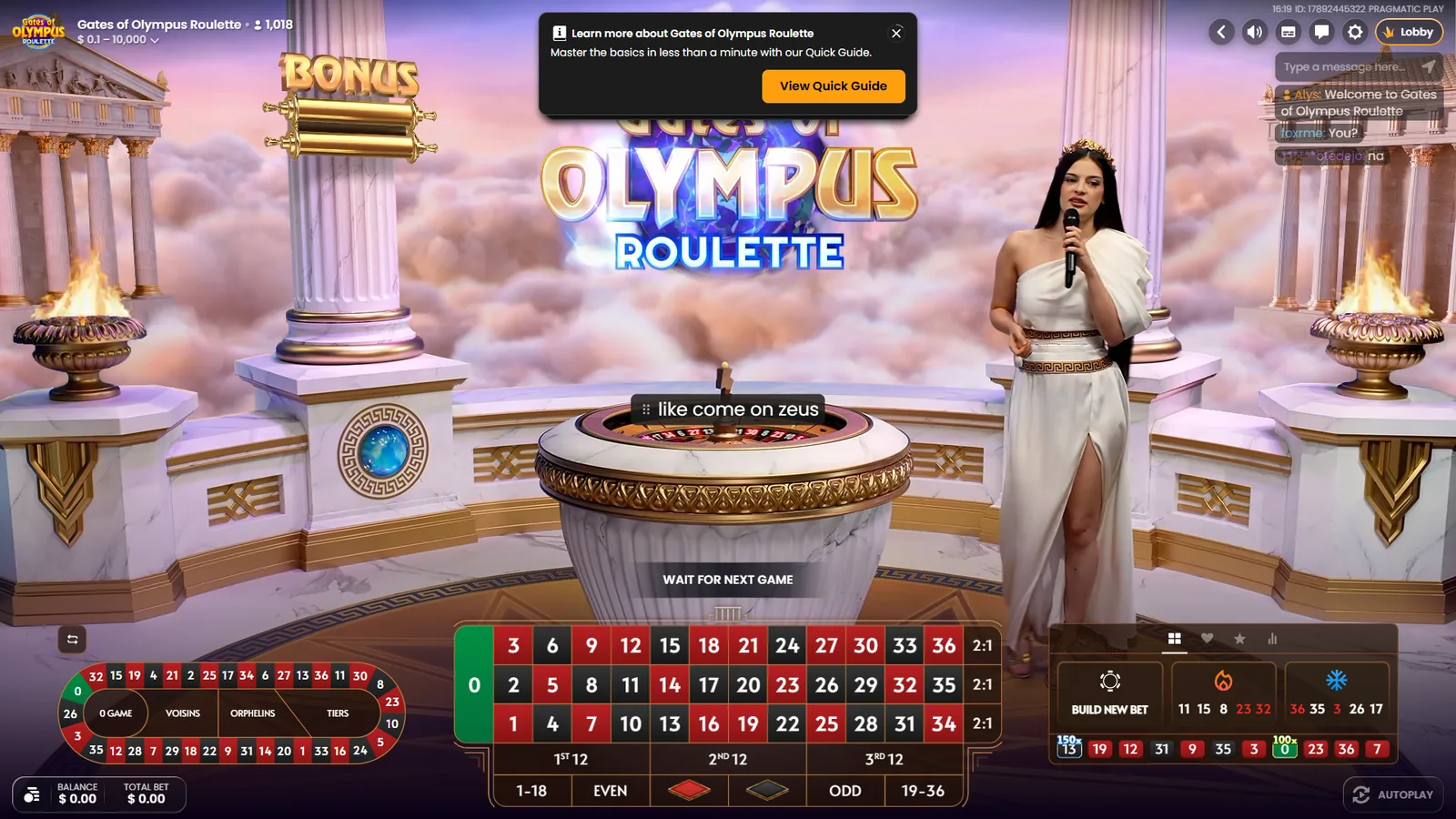 JacksClub live casino Olympus Roulette game shown inside the platform