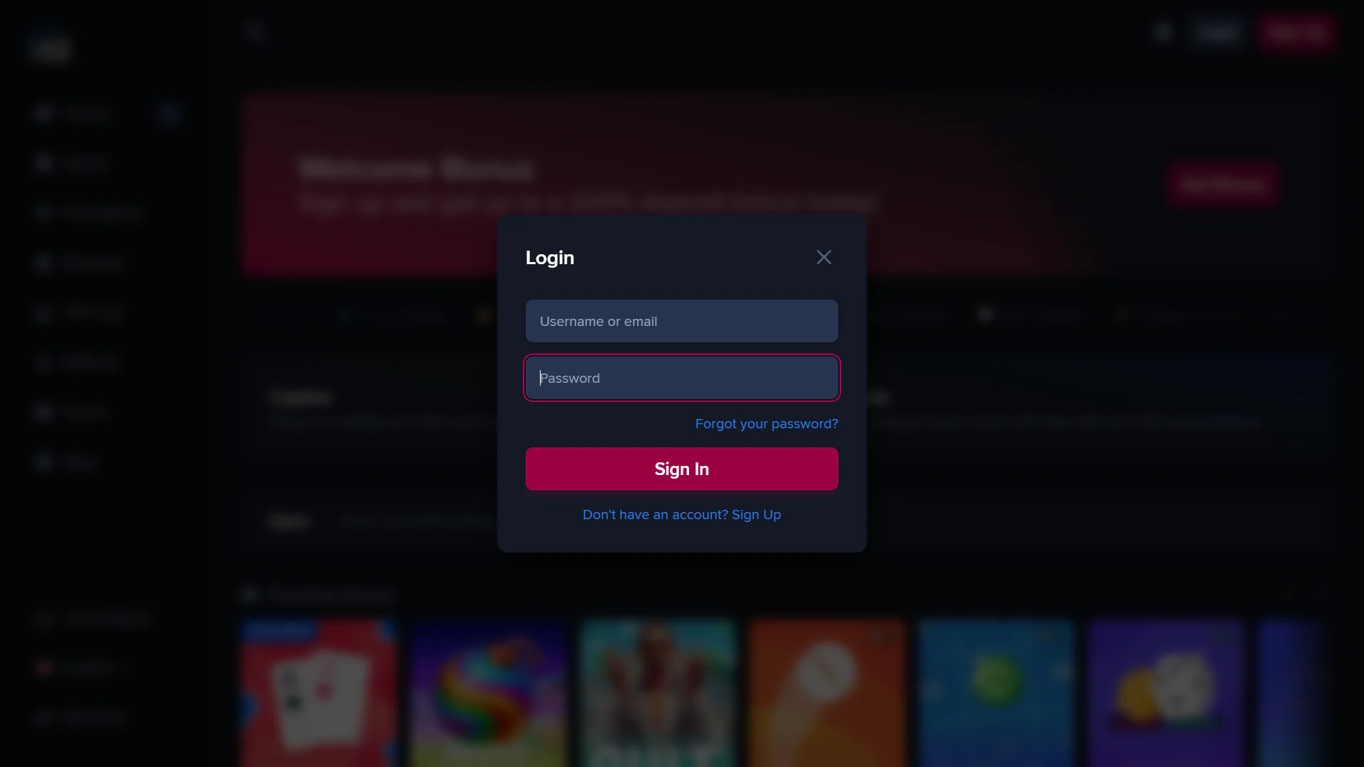 JacksClub casino login modal showing username or email, password and Forgot your password link
