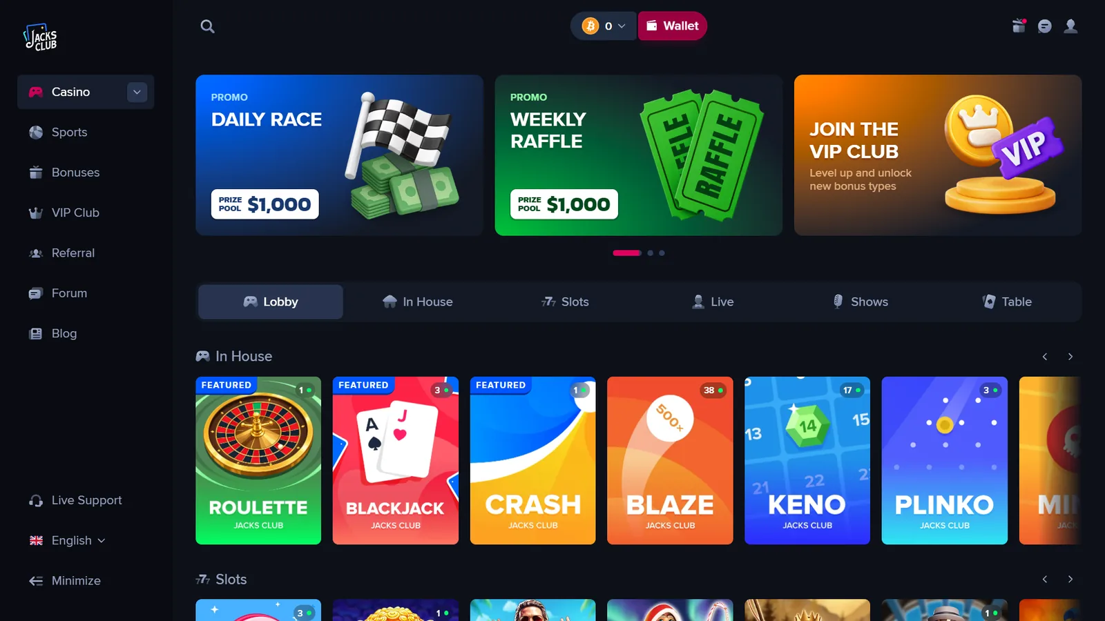 JacksClub originals casino lobby showing Roulette, Blackjack, Crash, Blaze, Keno and Plinko