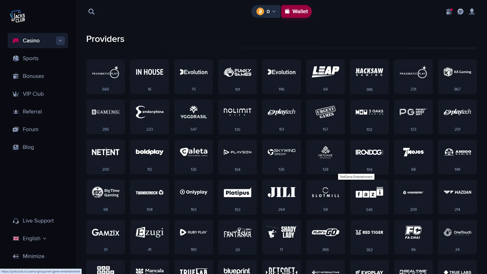JacksClub casino providers directory with game provider logos and selection