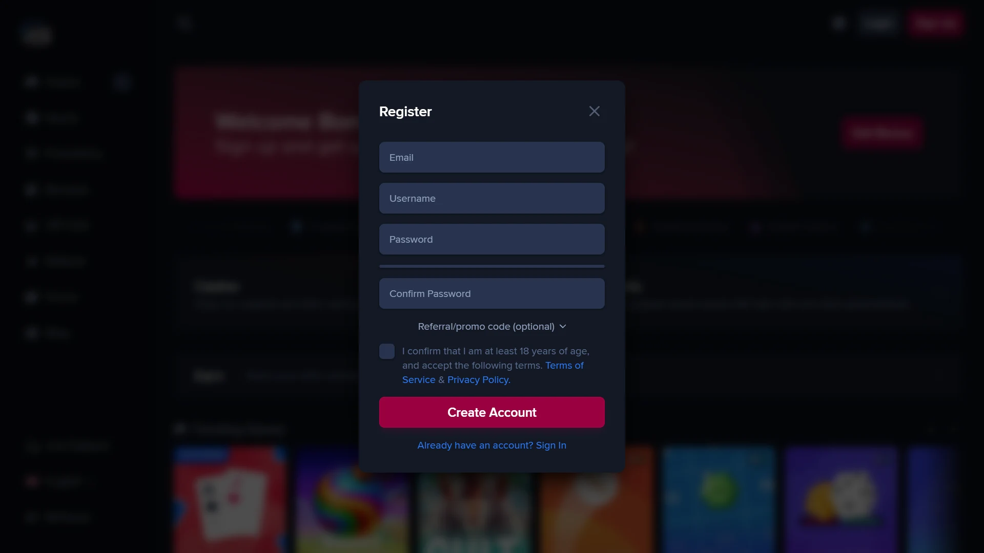 JacksClub casino sign-up modal with email, username, password, confirmation and optional referral code fields