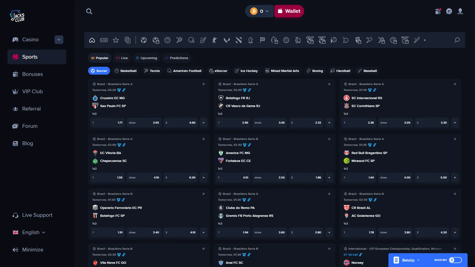JacksClub sportsbook showing sports betting markets and match listings
