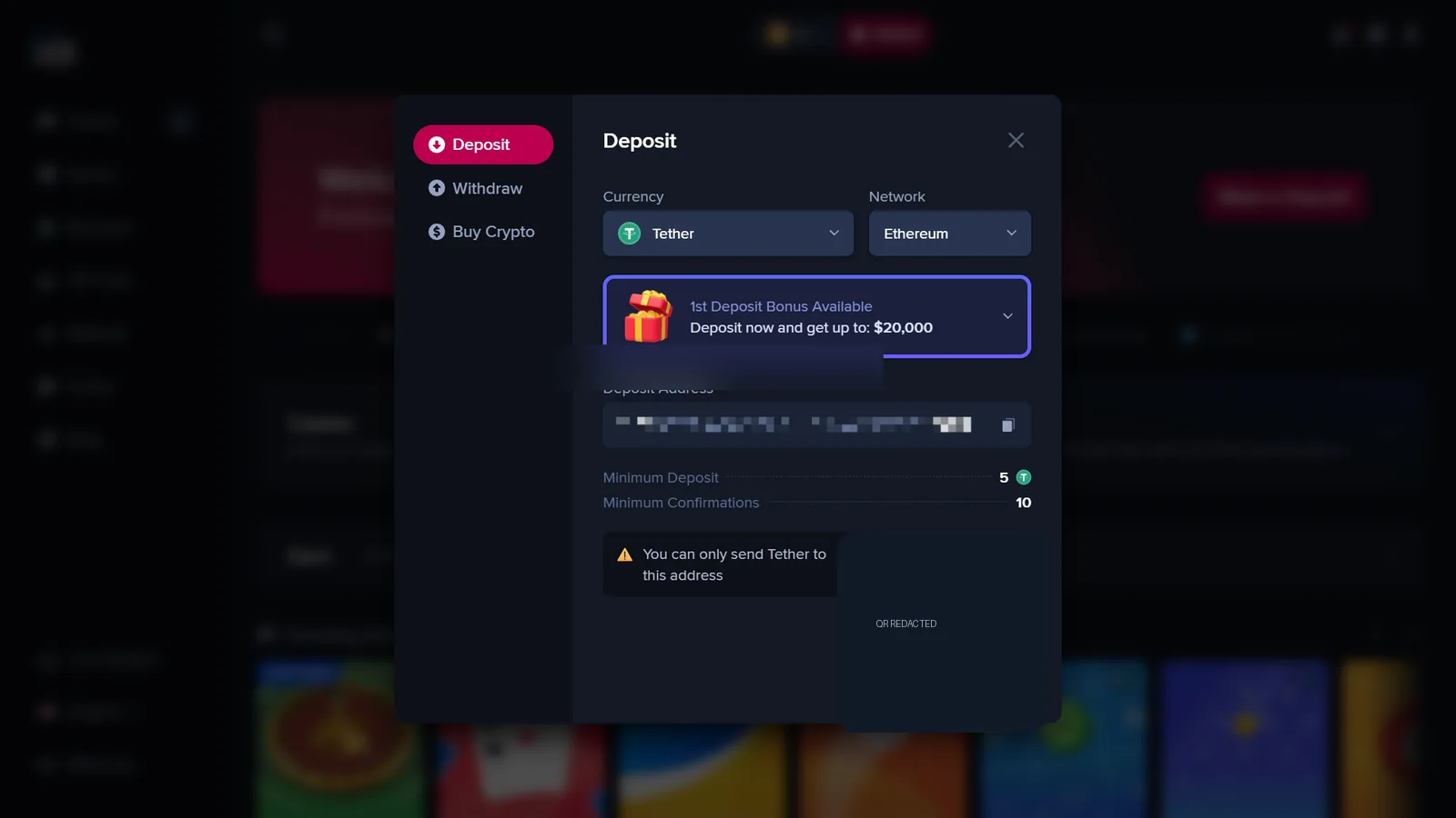 JacksClub deposit modal with cryptocurrency and supported payment network selections