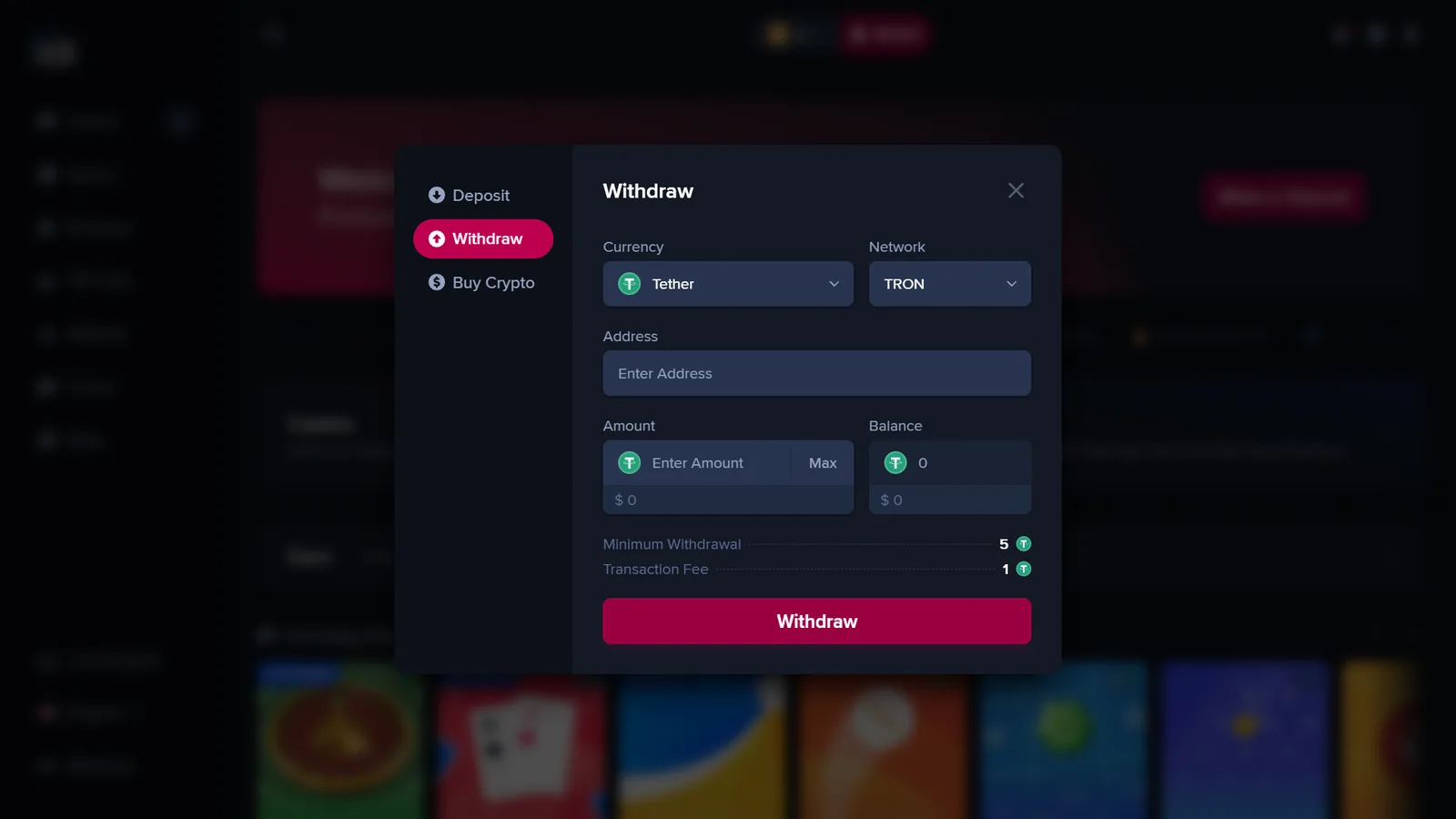 JacksClub USDT withdrawal form with network and amount fields