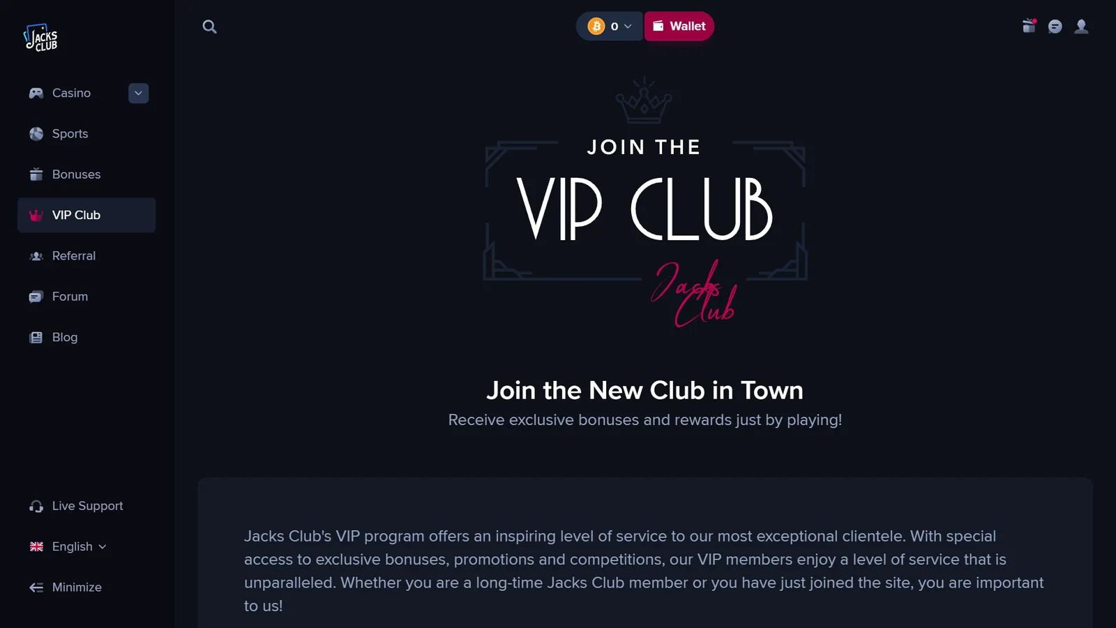 JacksClub VIP Club screen showing loyalty program welcome page