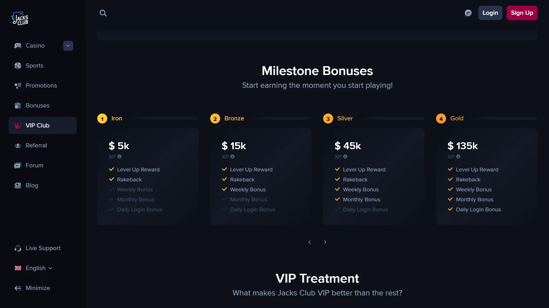 JacksClub VIP Milestone Bonuses showing Iron Bronze Silver and Gold tier thresholds and enabled reward types